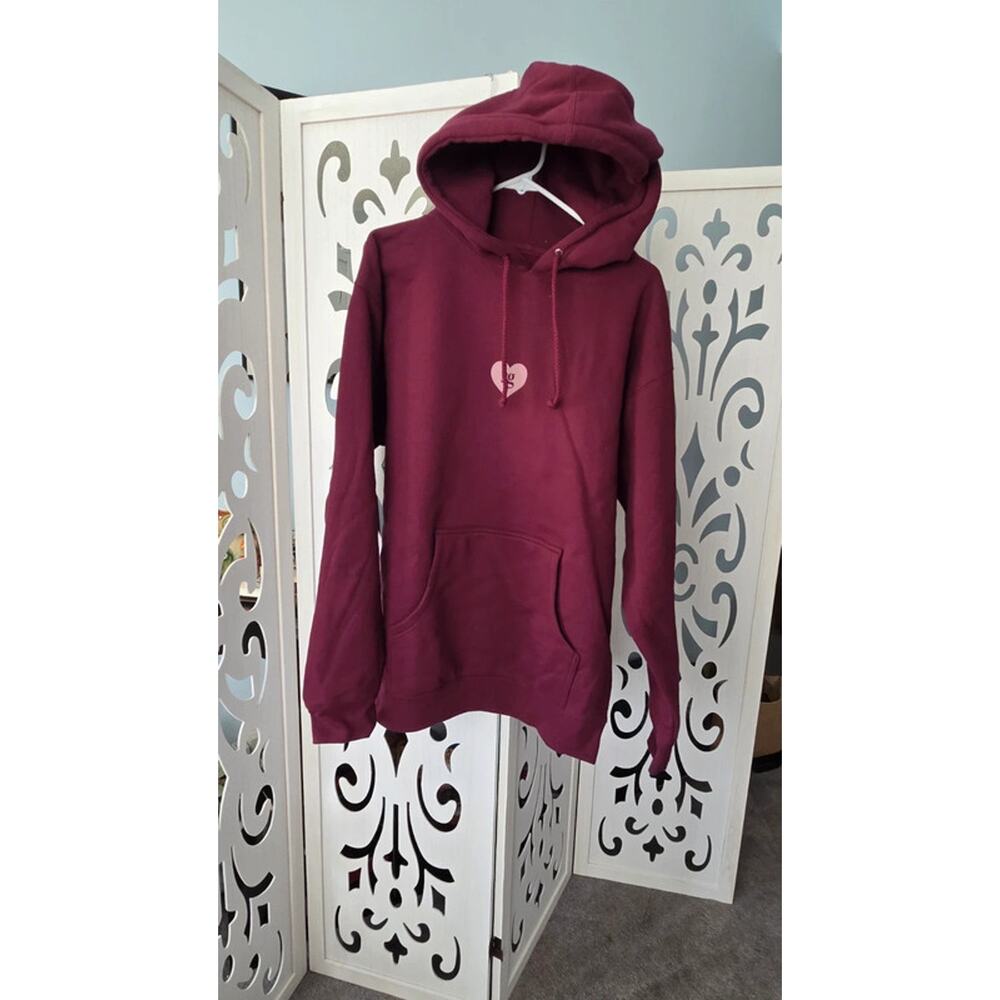 Selena Gomez Large Hoodie Maroon Hearts Graphic Pullover Sweatshirt Womens